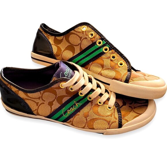 Coach Folly Signature C Sneakers Brown/Green Stripe & Blue Purple Heel Womenโs 8 - Picture 1 of 16
